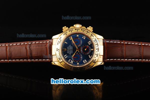 Rolex Daytona Swiss Valjoux 7750 Automatic Movement Gold Case with Blue Dial-Gold Numeral Markers and Brown Leather Strap - Click Image to Close